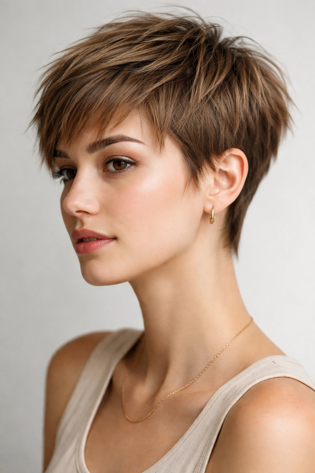 Textured pixie cut with choppy layers on straight hair