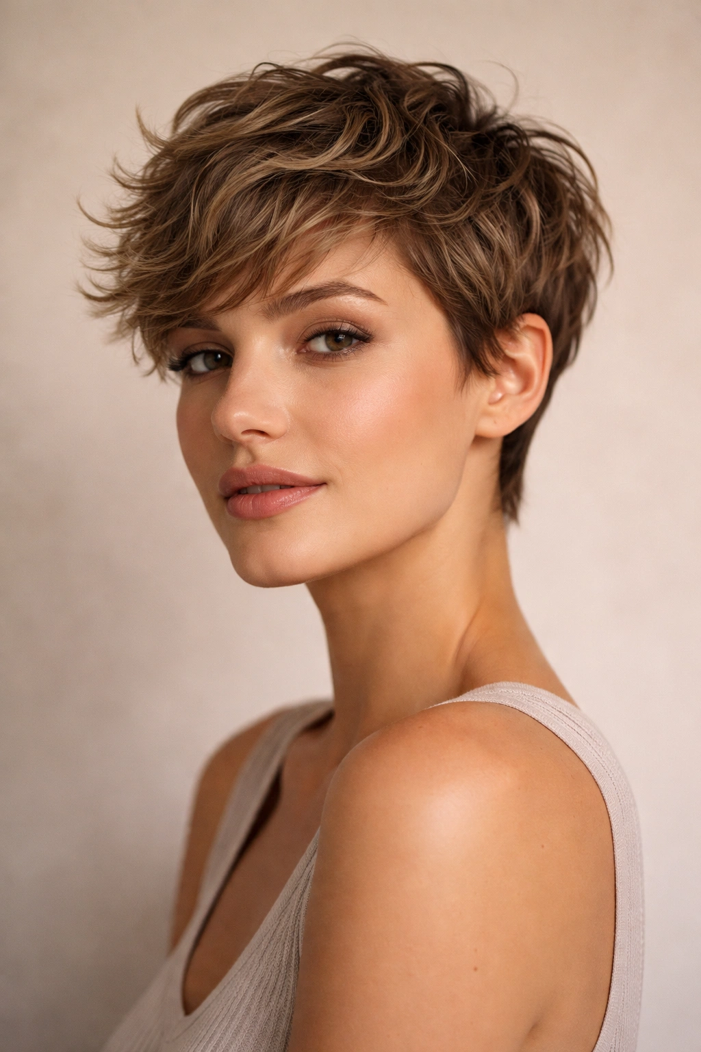 Close-up portrait of a person with a textured pixie cut showing short crown layers and defined waves