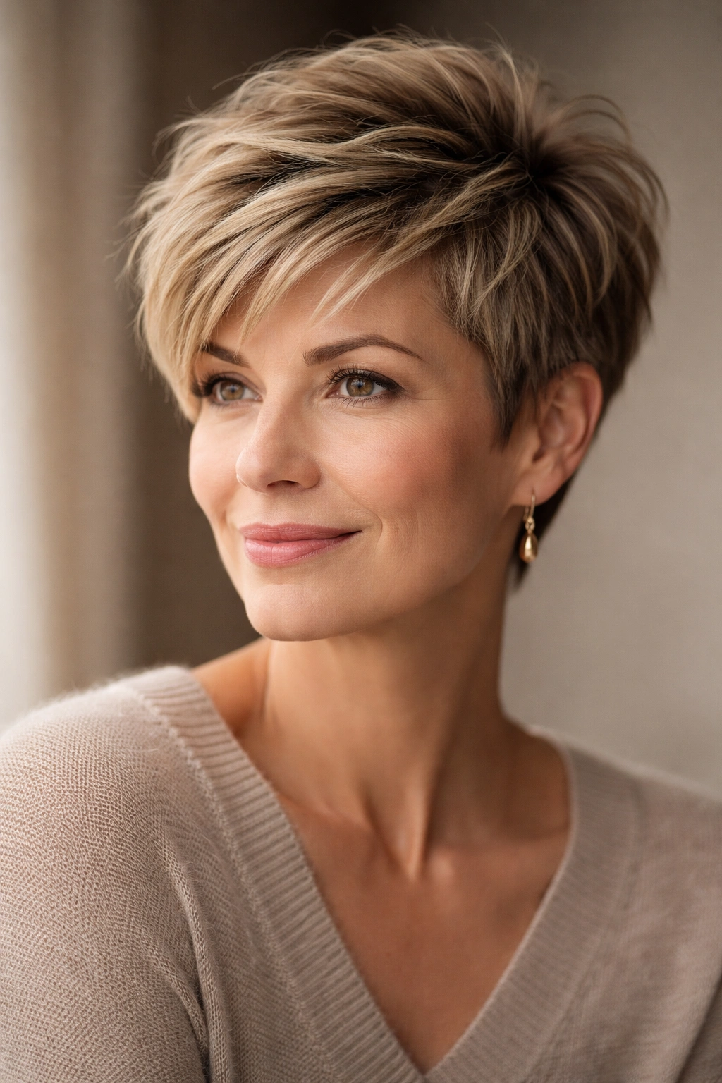Woman with textured pixie cut featuring longer top and tapered sides
