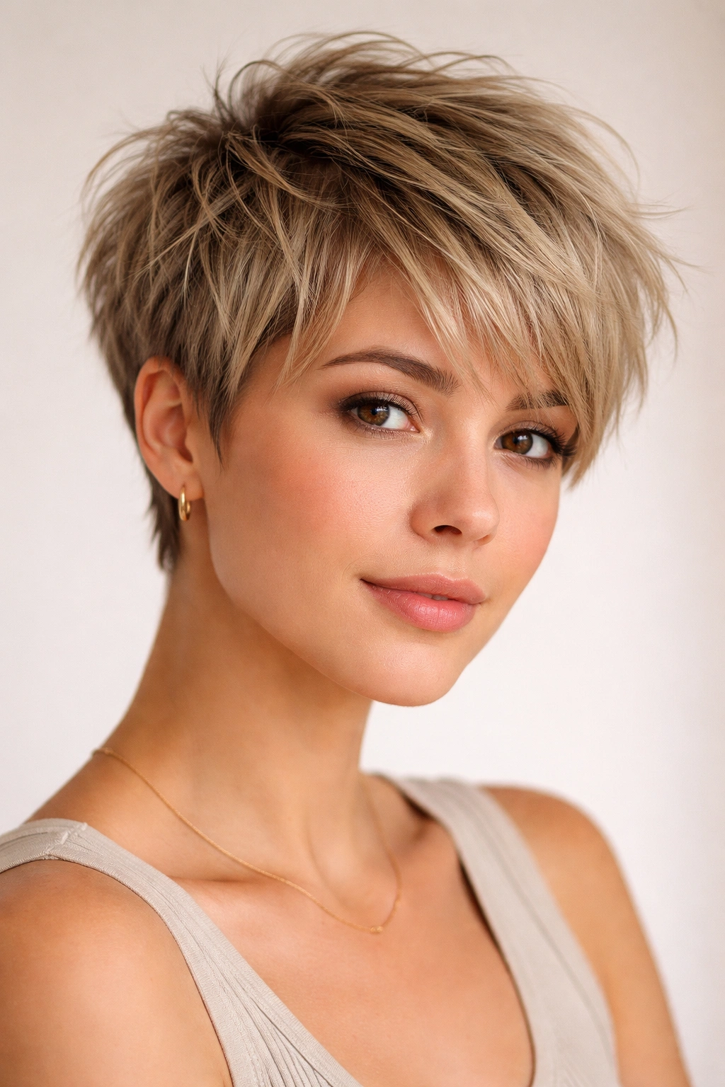 Close-up portrait of a textured pixie cut with short choppy layers on fine hair