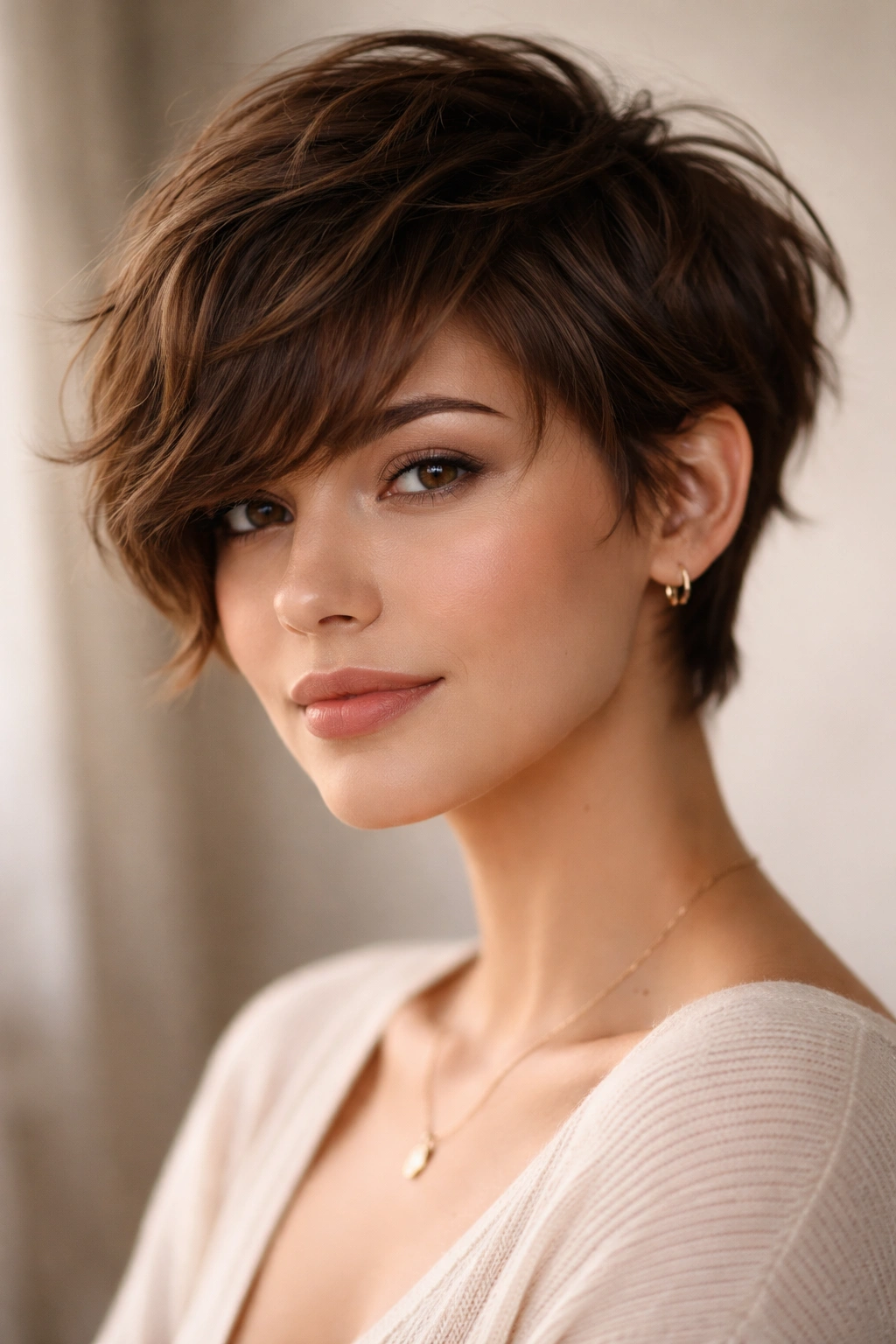 Textured pixie with side-swept bangs in brown hair