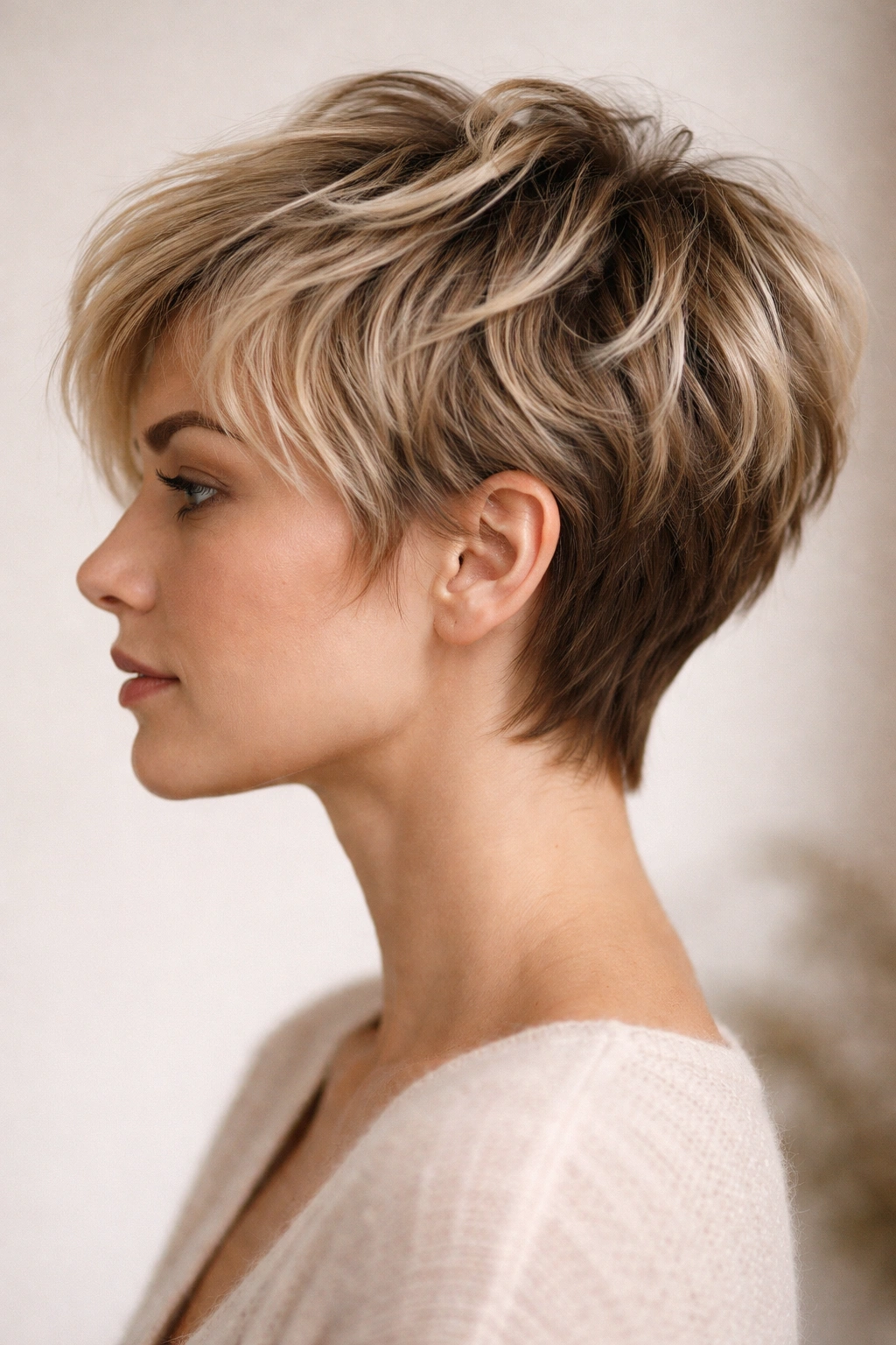 Side-profile of textured blonde pixie-to-bob transition