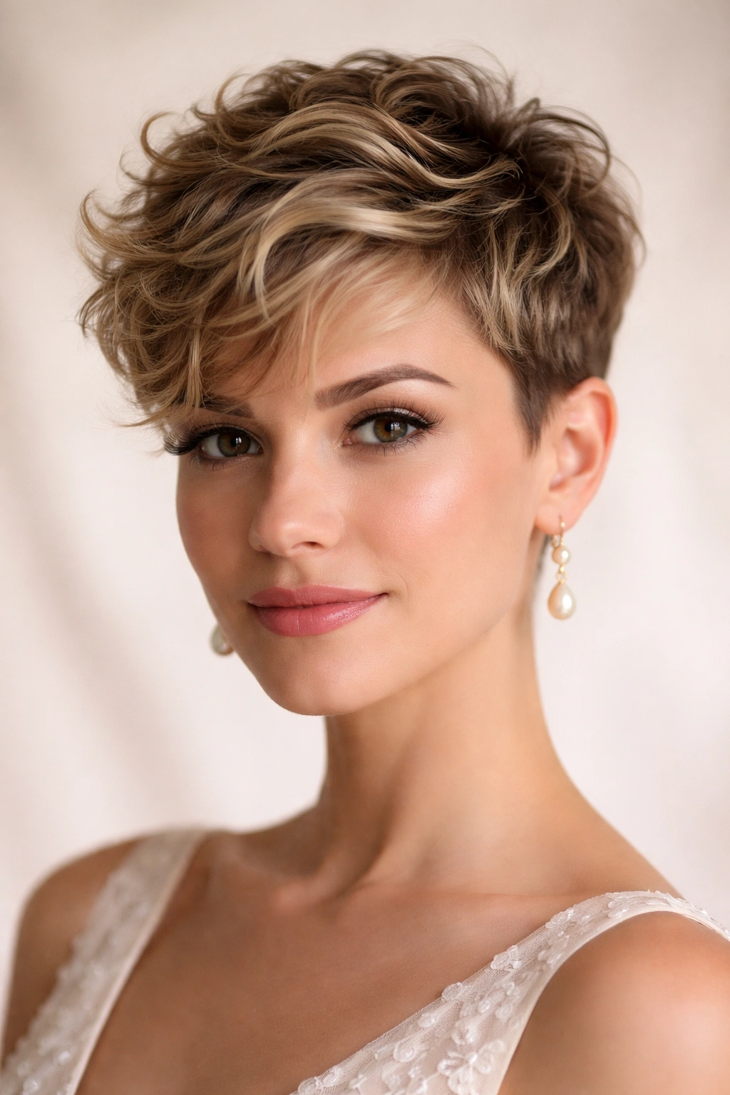 Textured pixie with tousled waves on top; short sides, bridal hairstyle