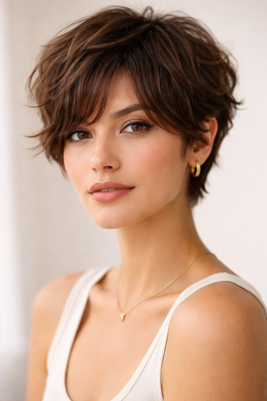 Close-up of a textured pixie with soft curtain bangs on wavy brown hair