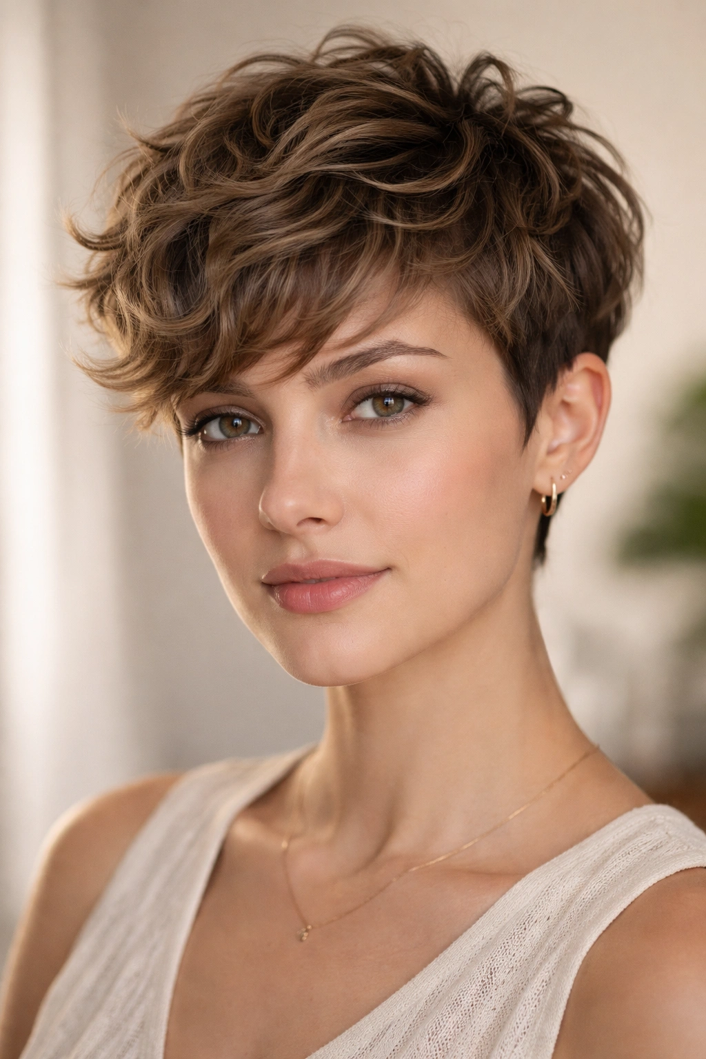 Close-up of a textured pixie with waves showing multi-length layers and pronounced texture.