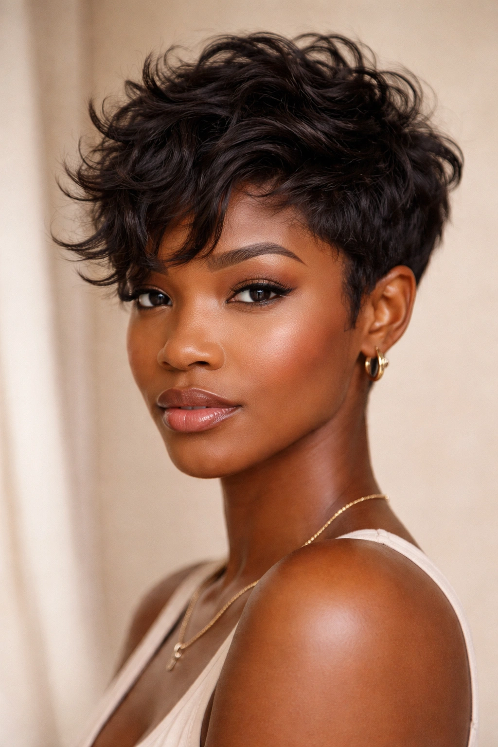 Close-up of a Black person with a textured pixie cut and natural waves.