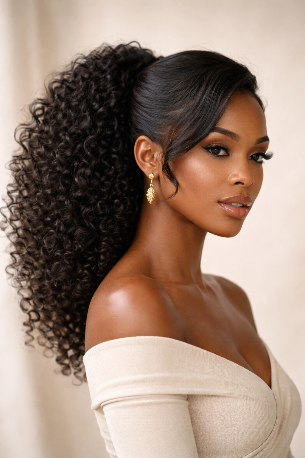Textured side part ponytail with voluminous curls