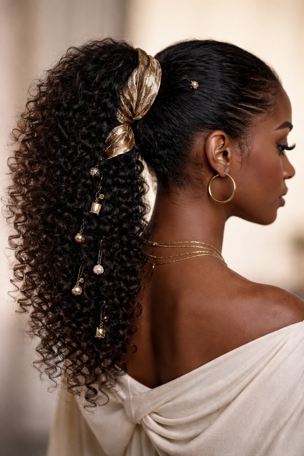 Three-quarter view of textured ponytail with accessories on a Black woman