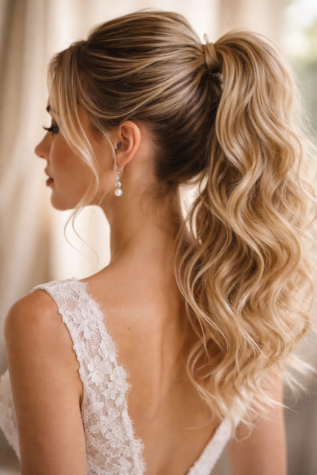 Close-up of a bridal textured high ponytail with loose waves and crown volume