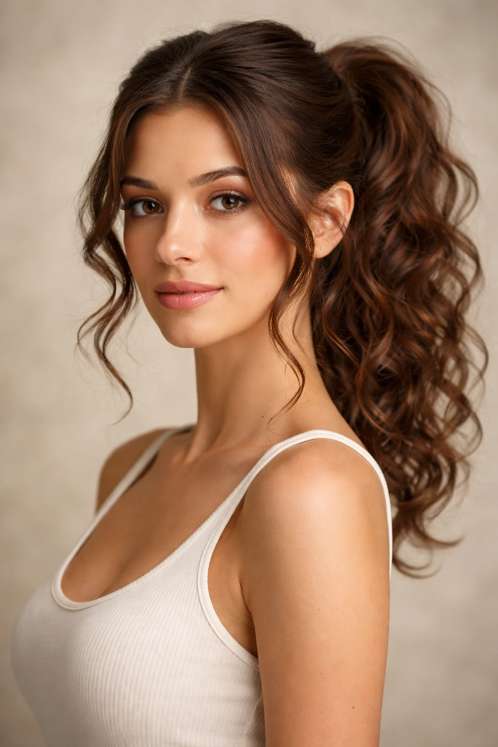 Medium close-up of textured middle-part curly ponytail with face-framing curls