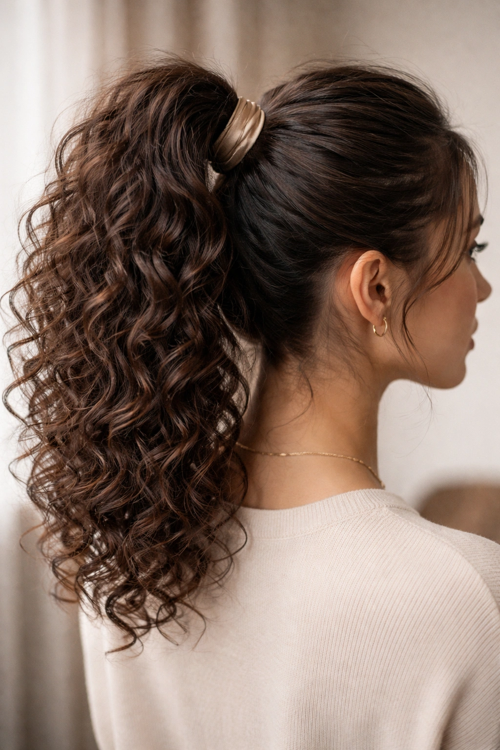 Close-up of a textured curly high ponytail with satin-wrapped base