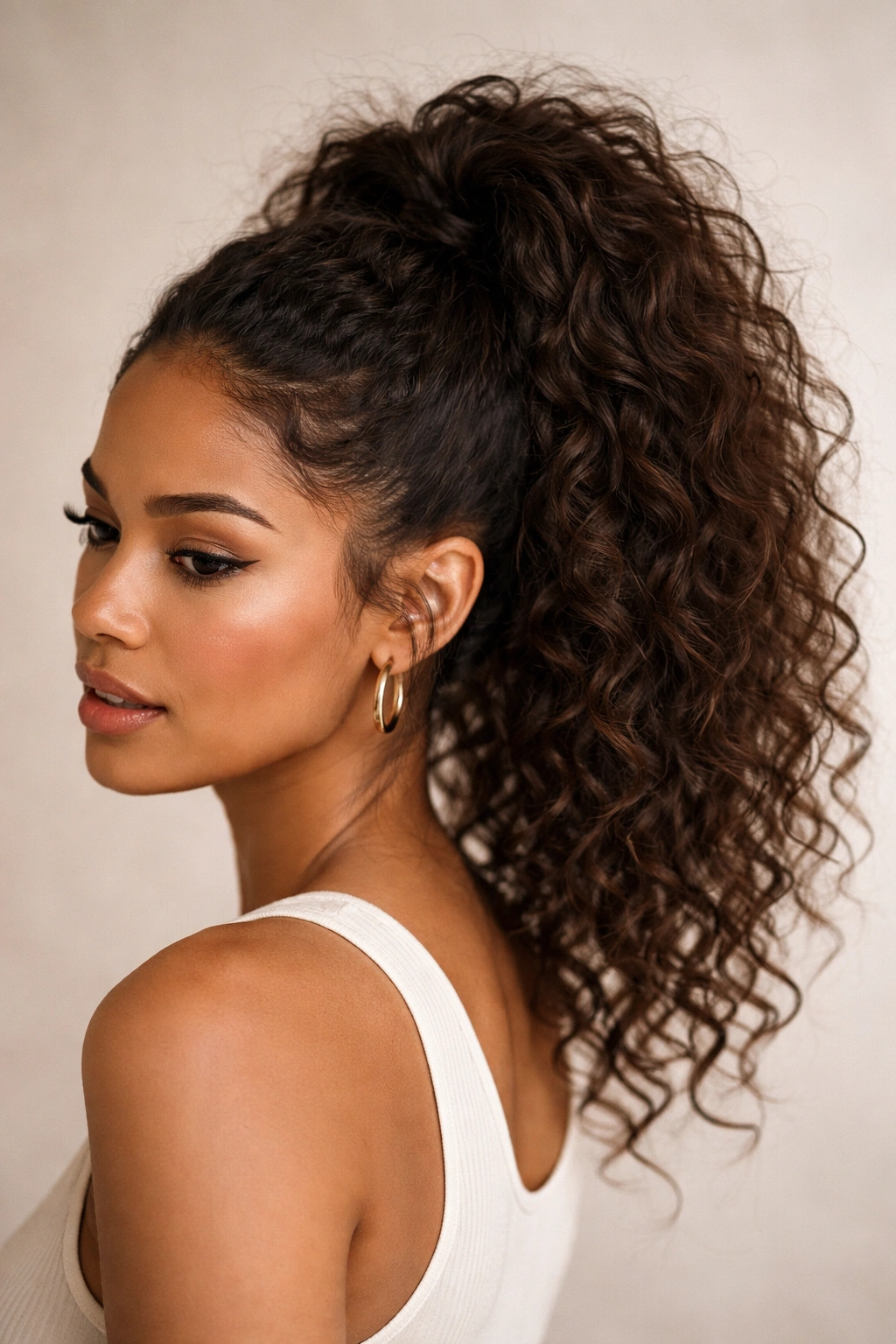 High ponytail with textured curls and visible frizz in curly hair