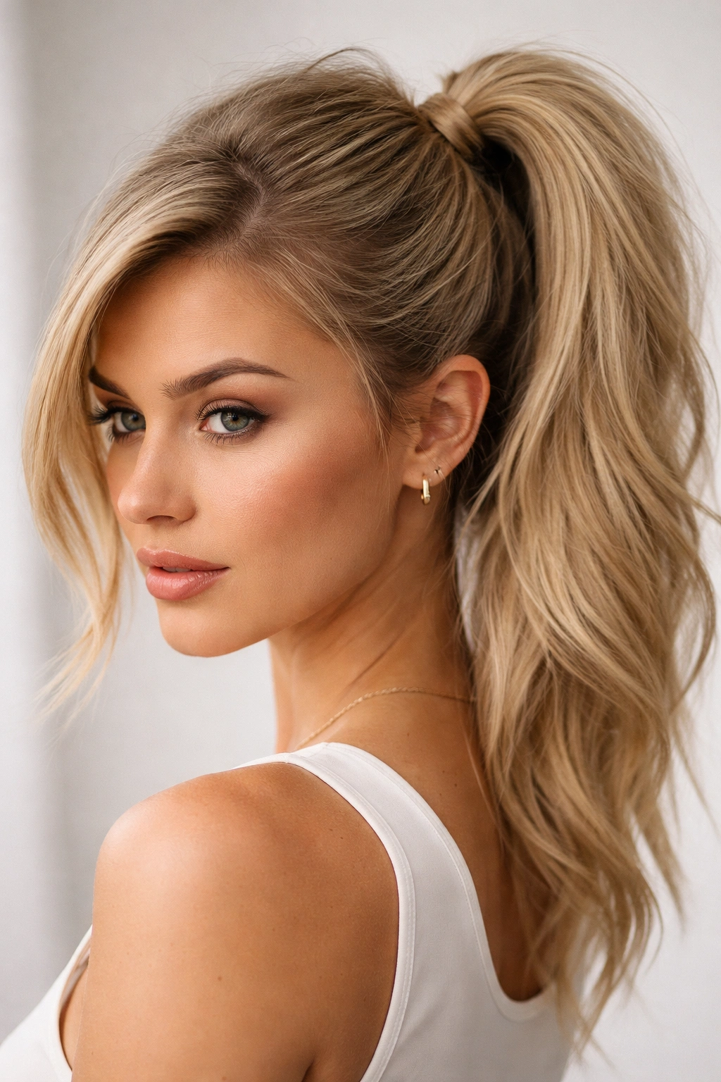 High side ponytail with textured crown from dry shampoo