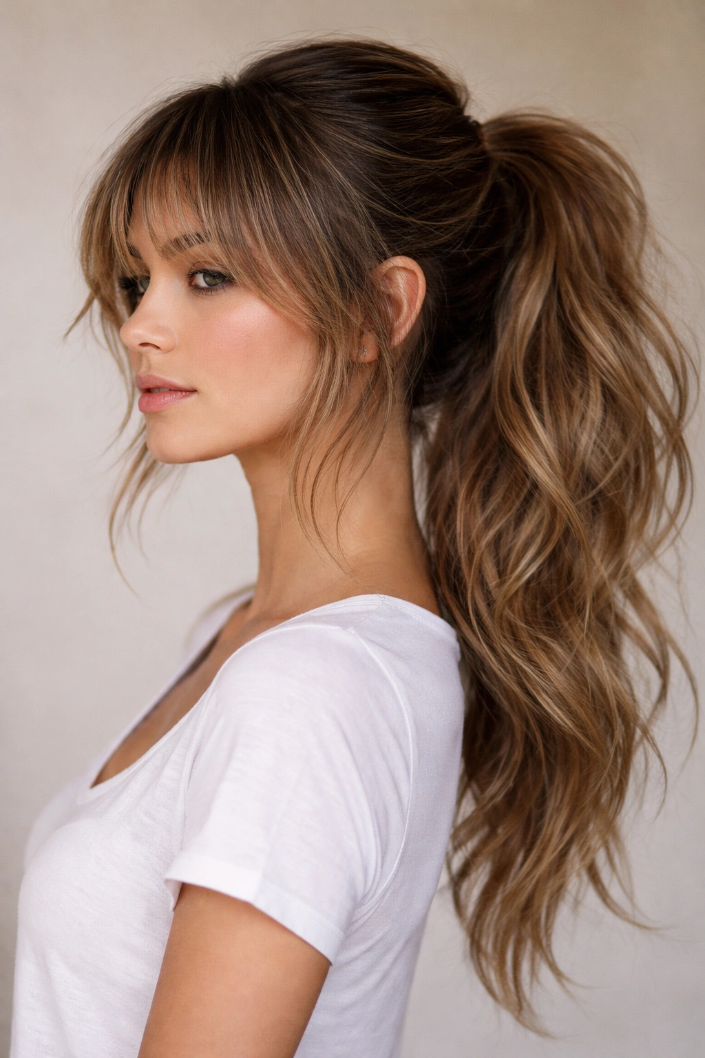 Portrait of a person with a textured ponytail and feathered bangs.