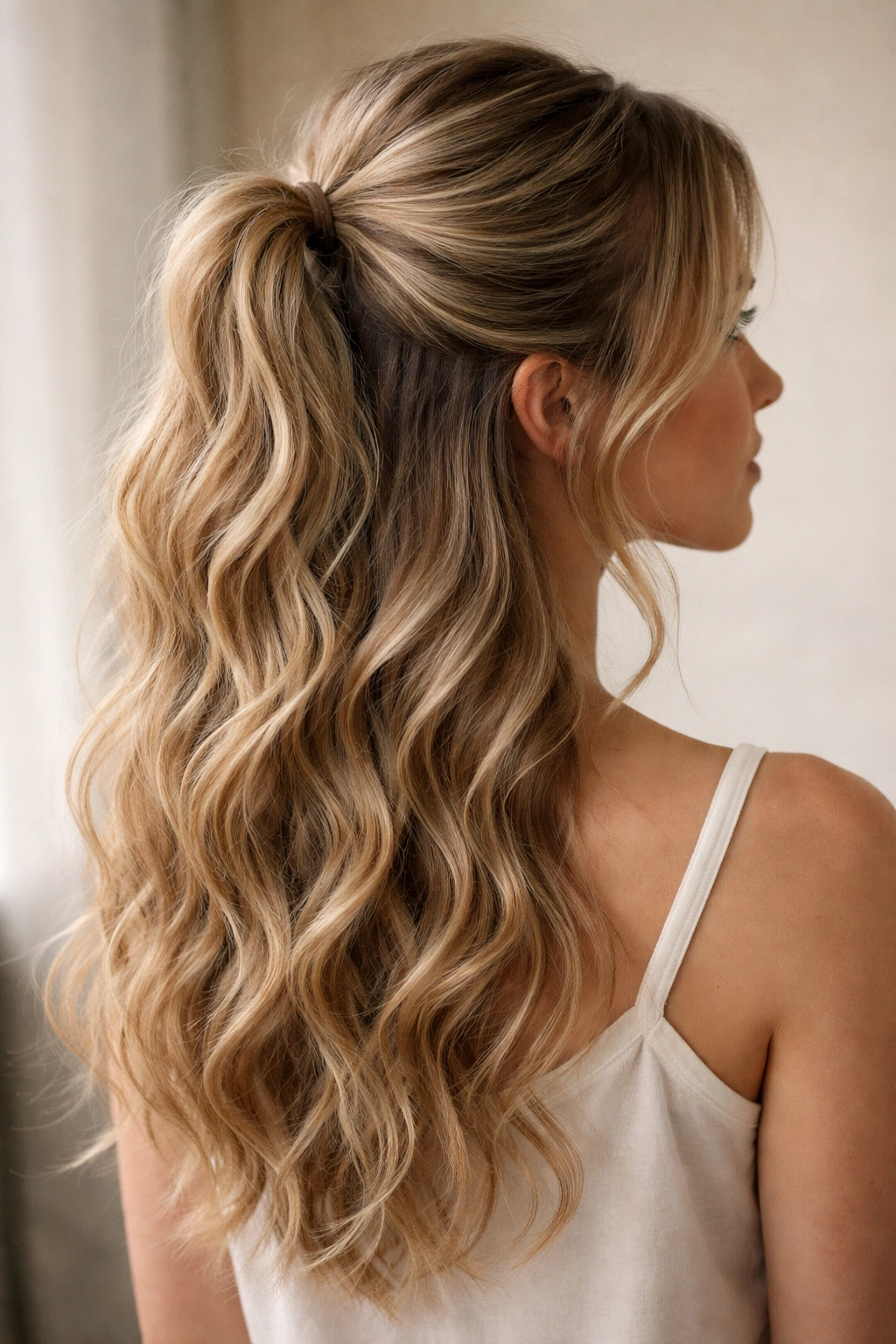 Top half-up ponytail with loose texture on wavy hair.