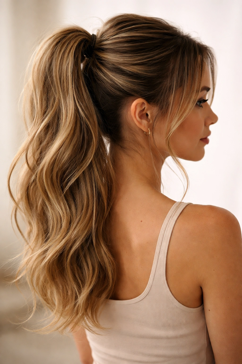 Textured high ponytail with soft crown lift and face-framing strands