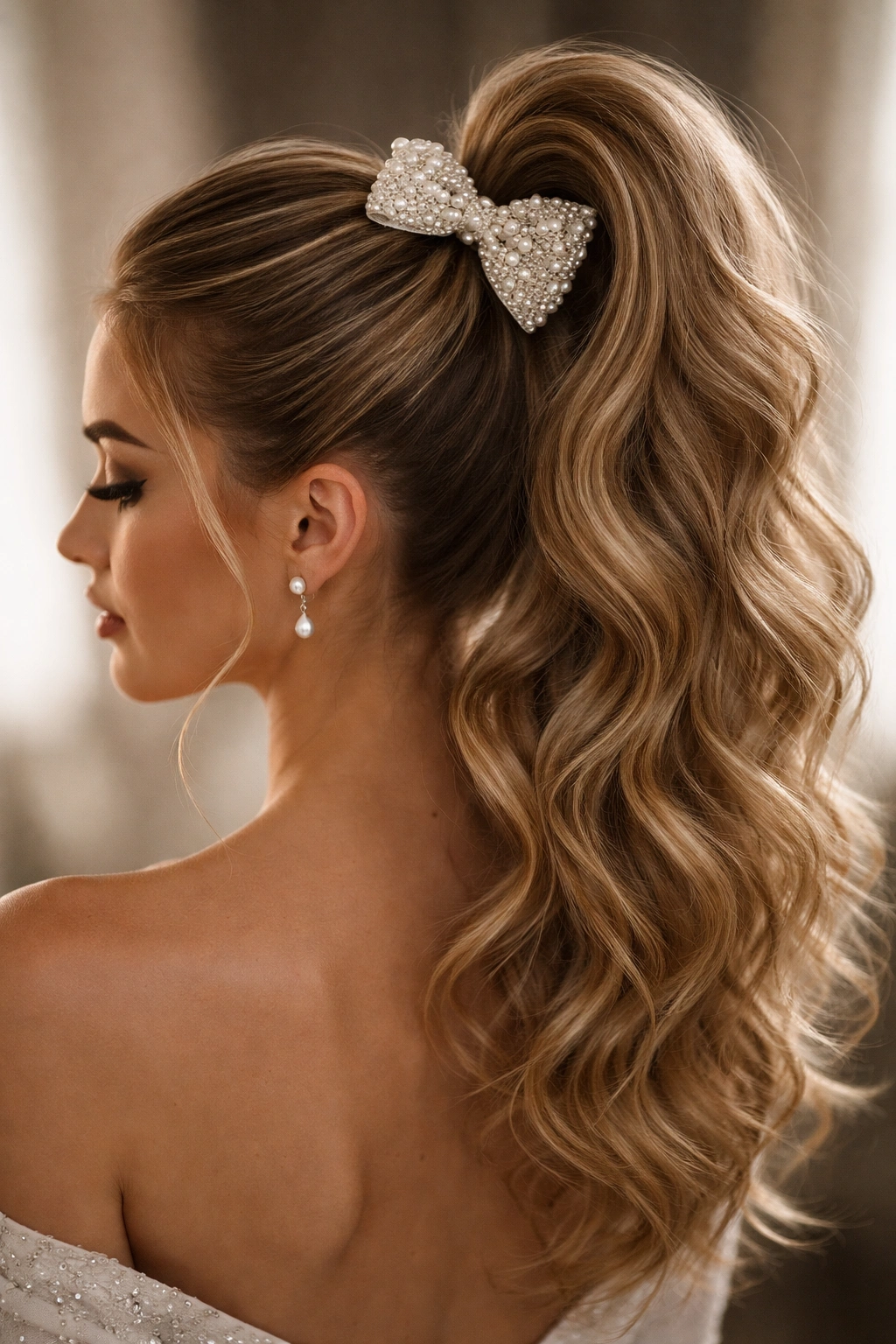 Textured high ponytail with pearl-studded bow