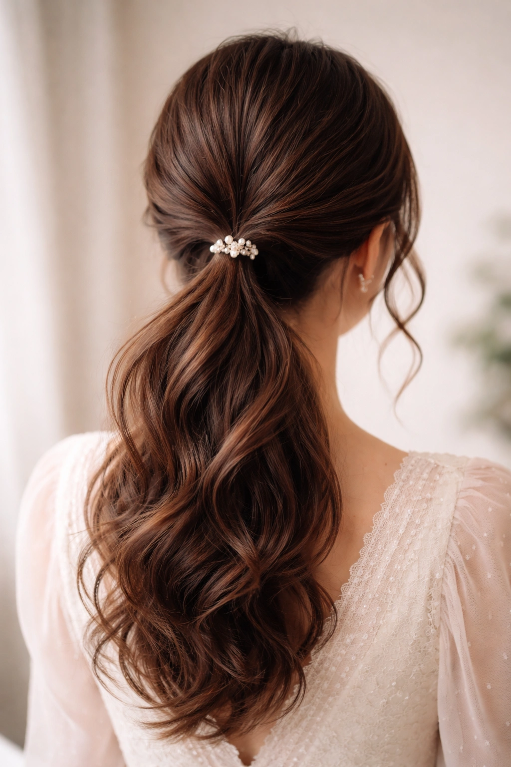 Back view of textured low tail with pearl clip