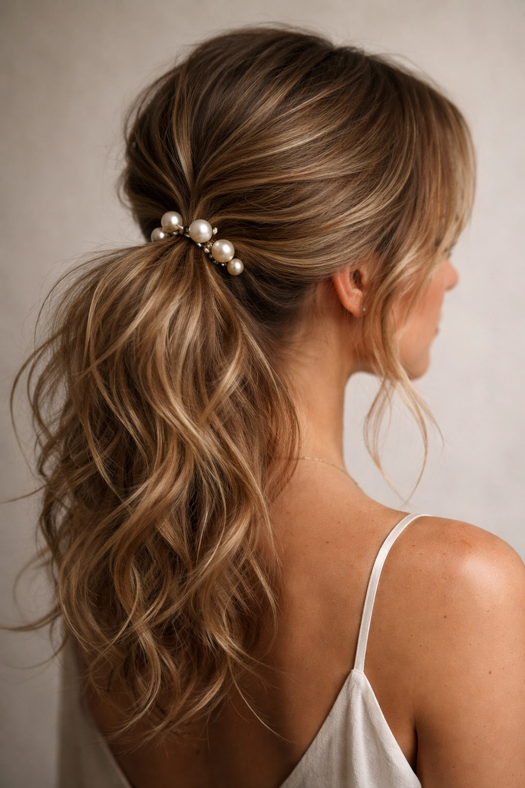 Close-up of a textured messy ponytail with pearl pins at the base