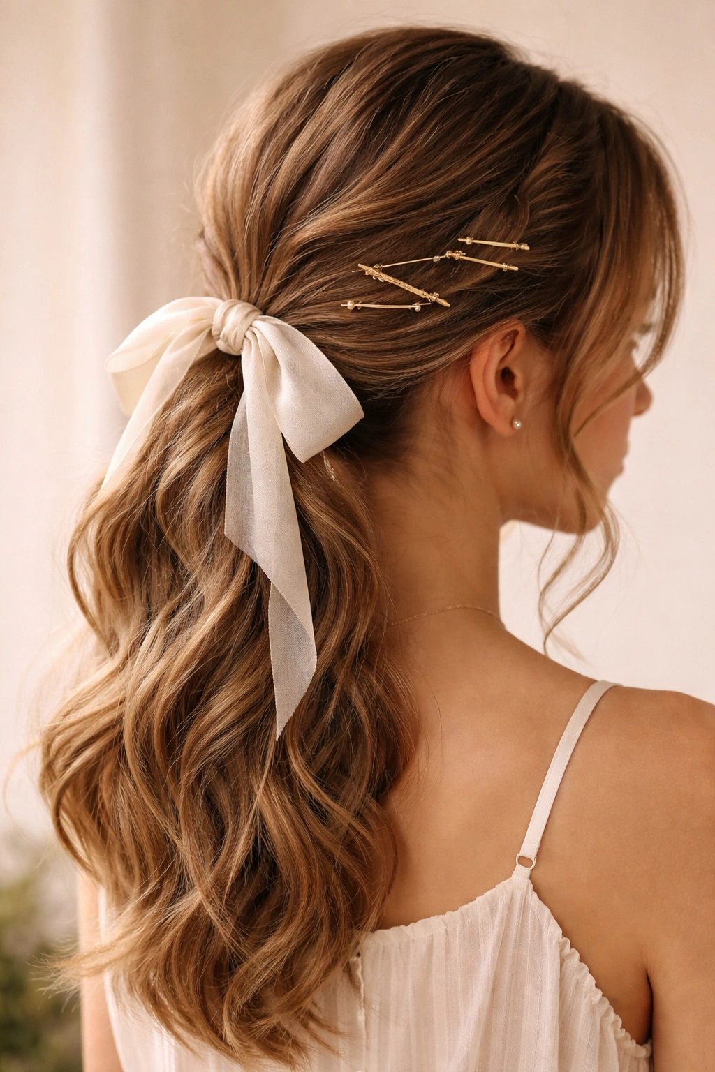 Close-up of textured ponytail with ribbon and decorative bobby pins