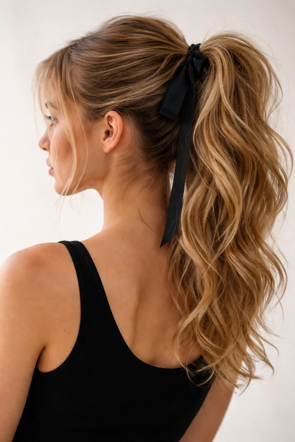 Textured high ponytail with ribbon tied at the base
