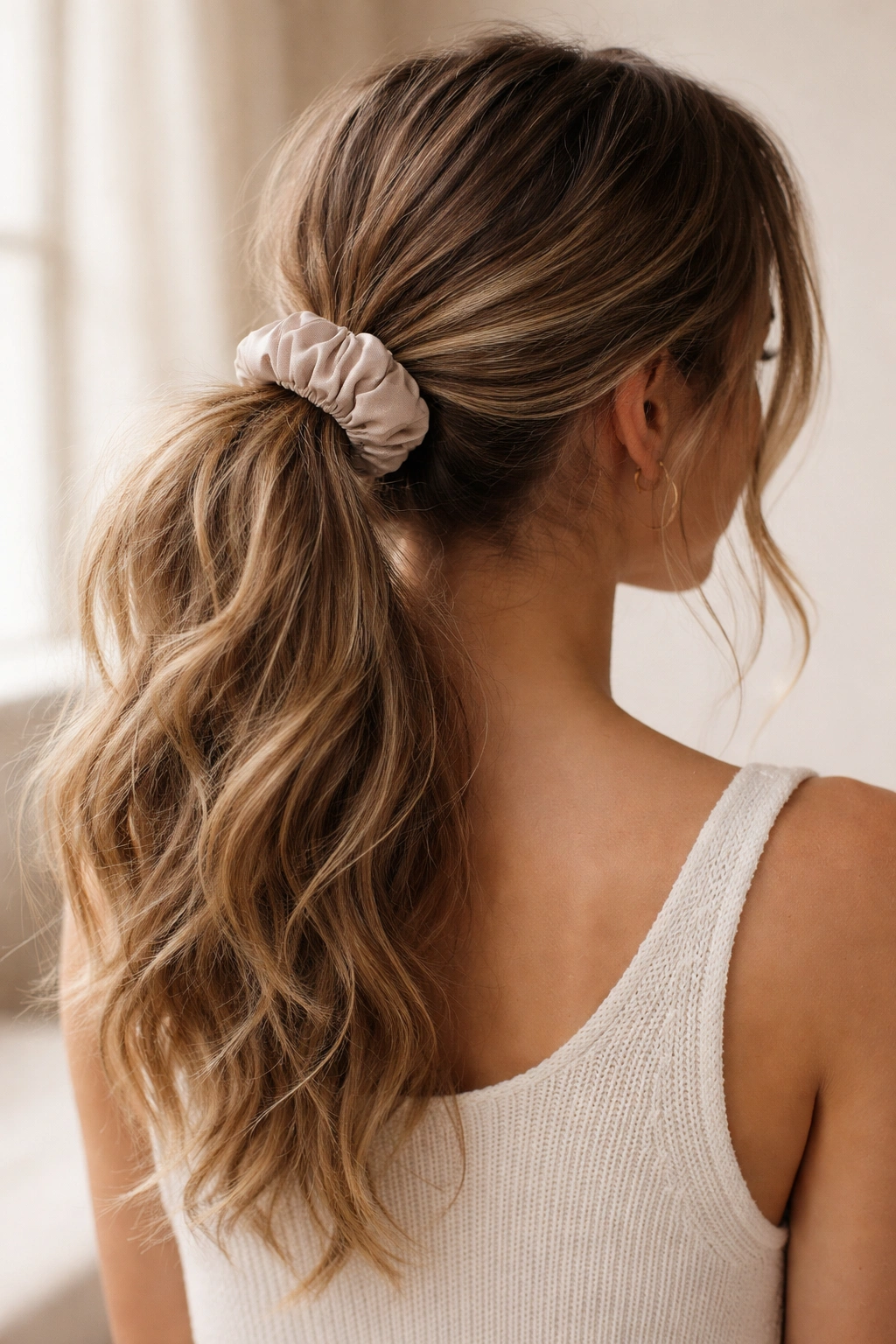 Textured ponytail with scrunchie showing soft waves and depth