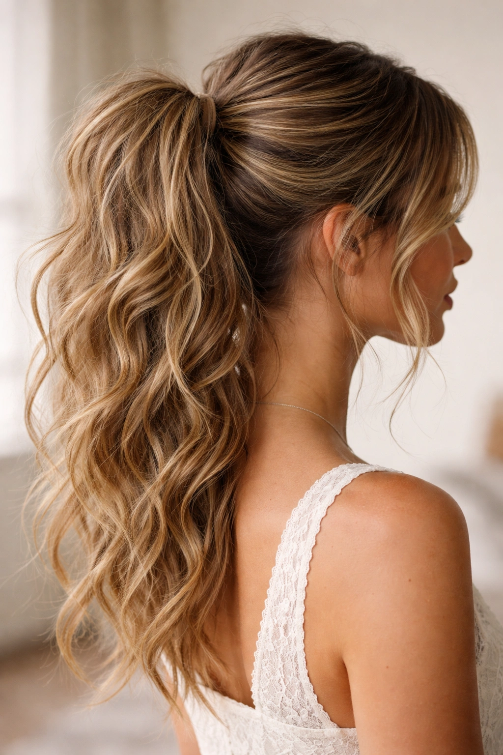 Textured tousled ponytail with wave patterns