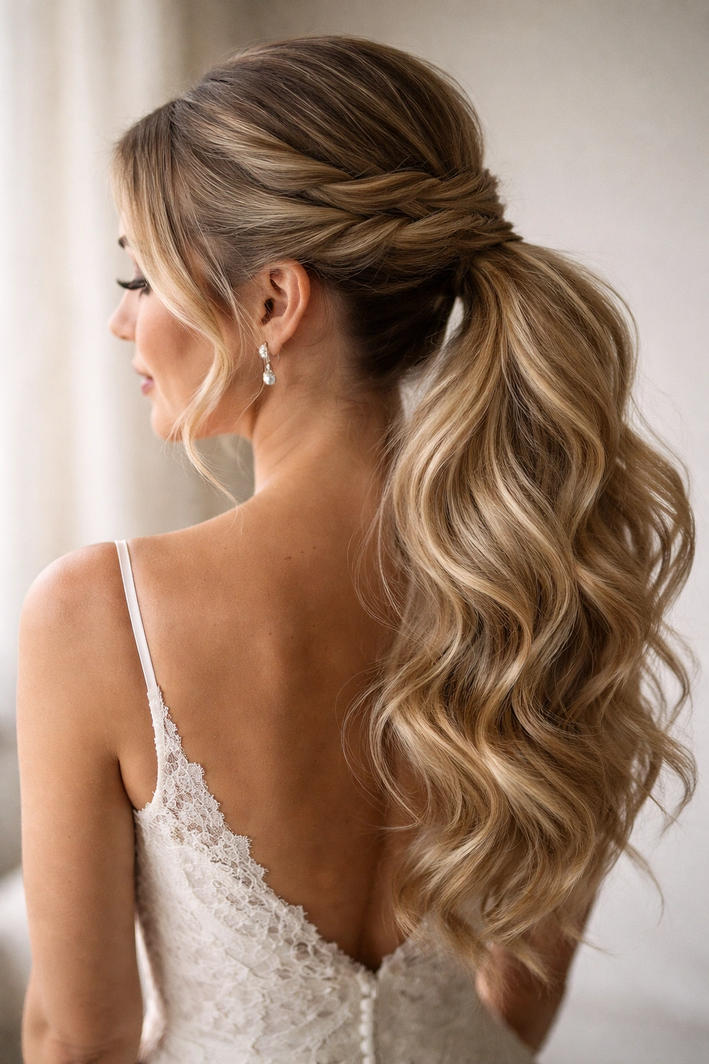 Textured side ponytail with twisted crown detail