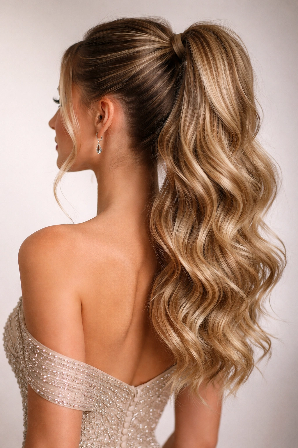 High textured ponytail with loose waves catching light