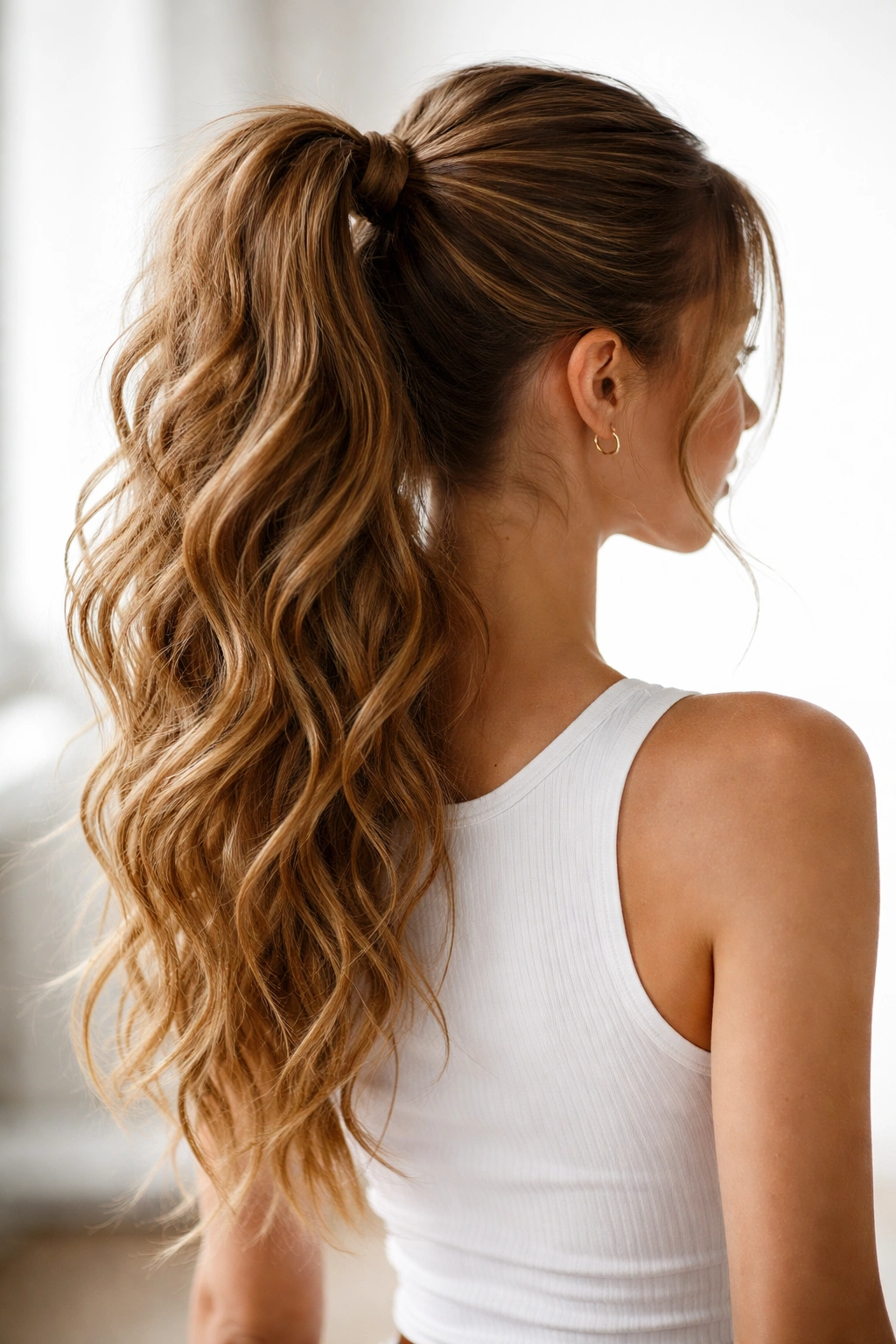 Long textured high ponytail with waves and irregular curls for movement.
