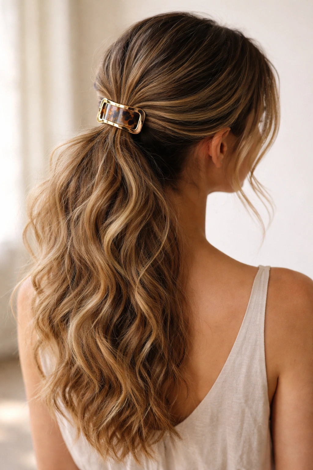 Textured ponytail with waves secured by a clip
