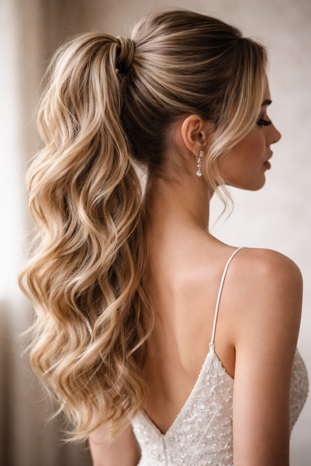 Textured high ponytail with waves viewed from back, prom hair with movement