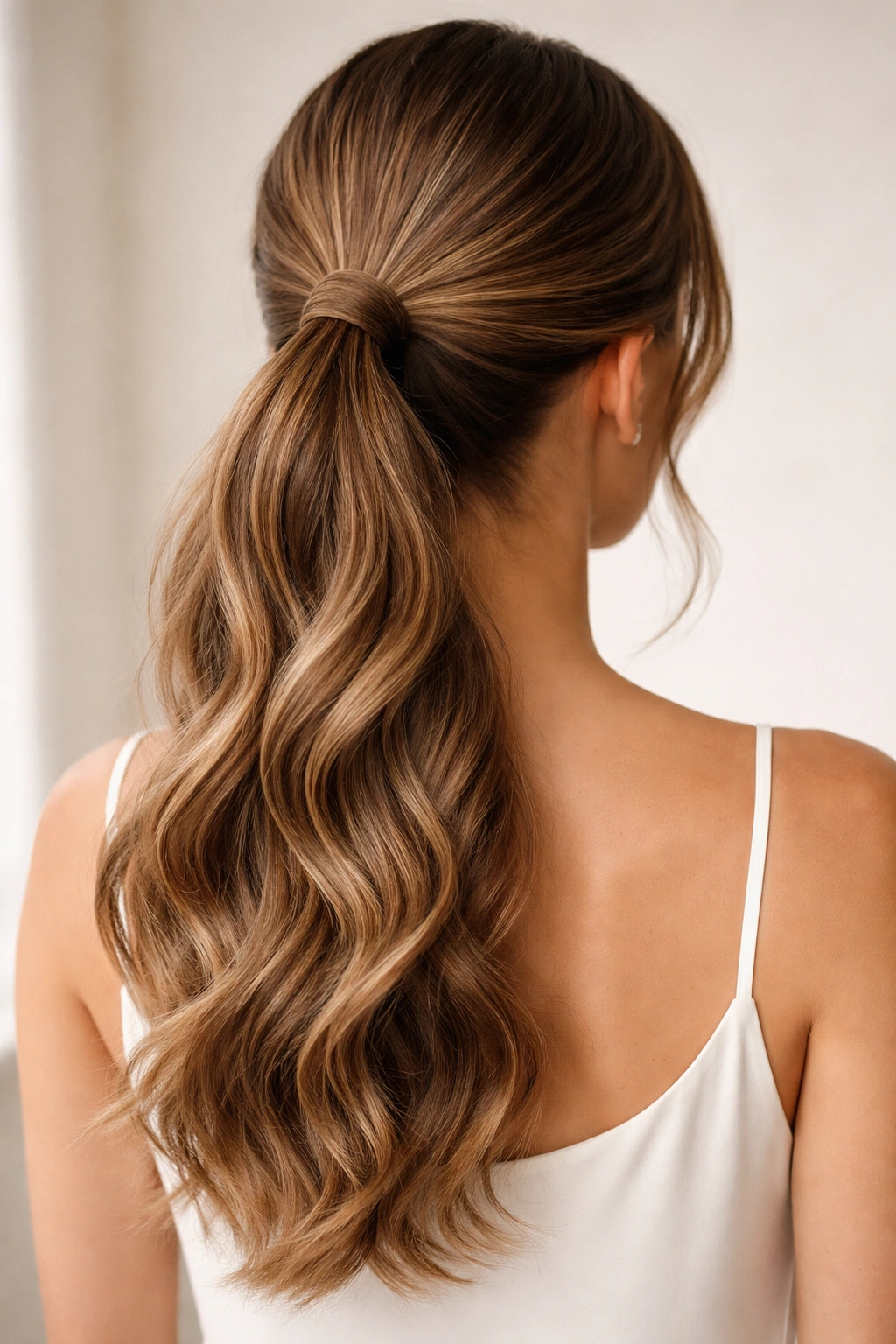 Ponytail with loose waves along its length for texture.