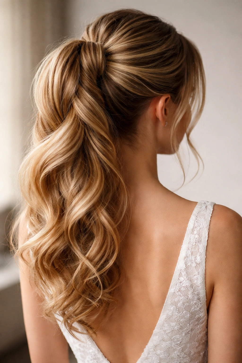 Close-up of wrapped and tucked textured ponytail showing layered folds and secure pins