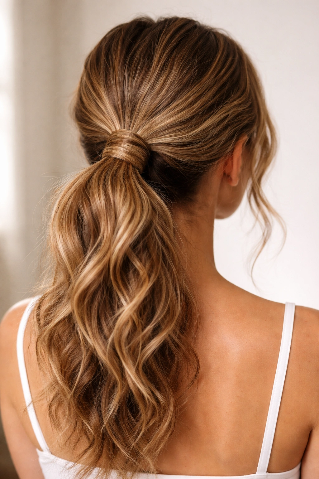Mid-height textured ponytail with wrapped base detail on wavy hair