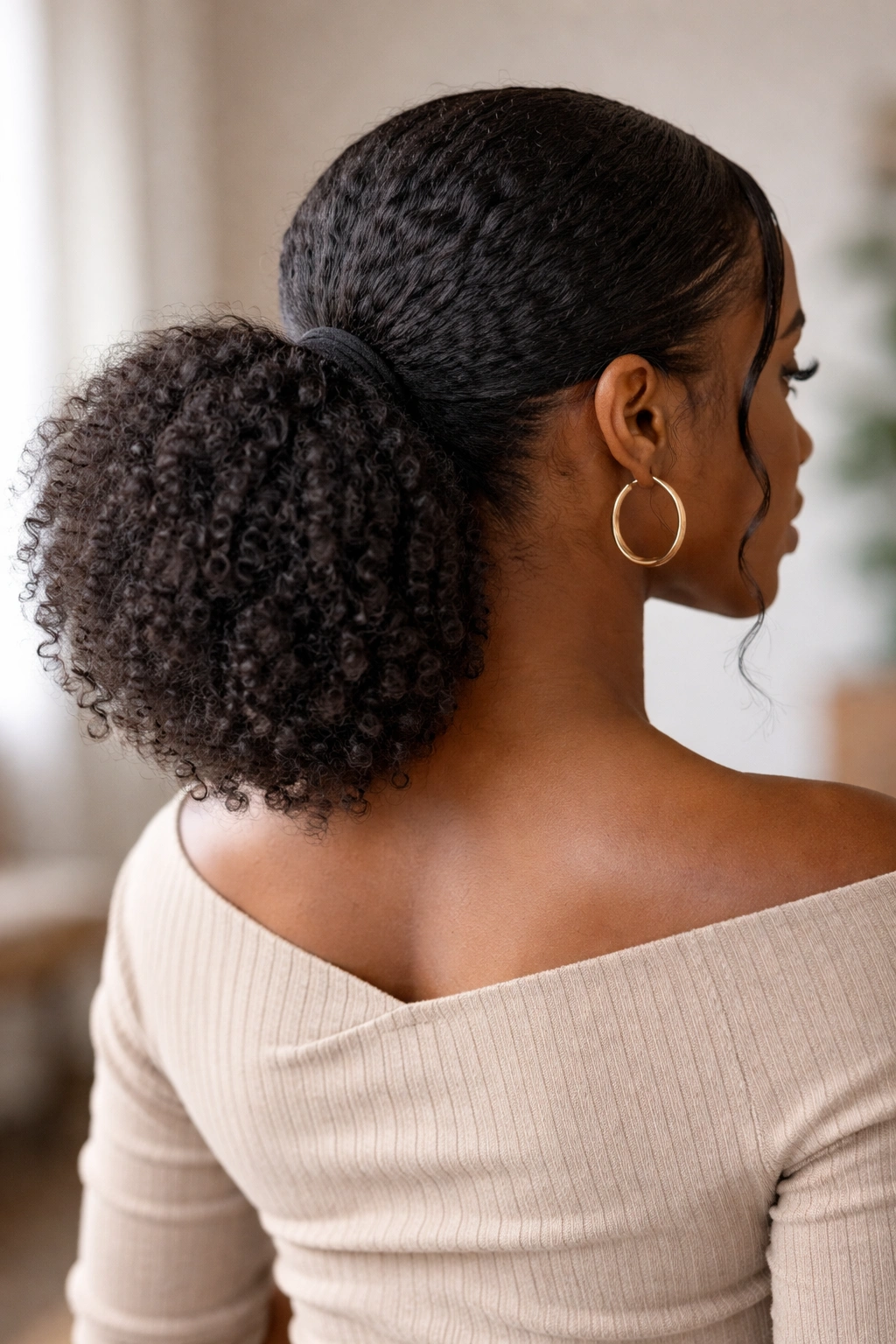 Textured puffed low ponytail showing natural hair texture and volume