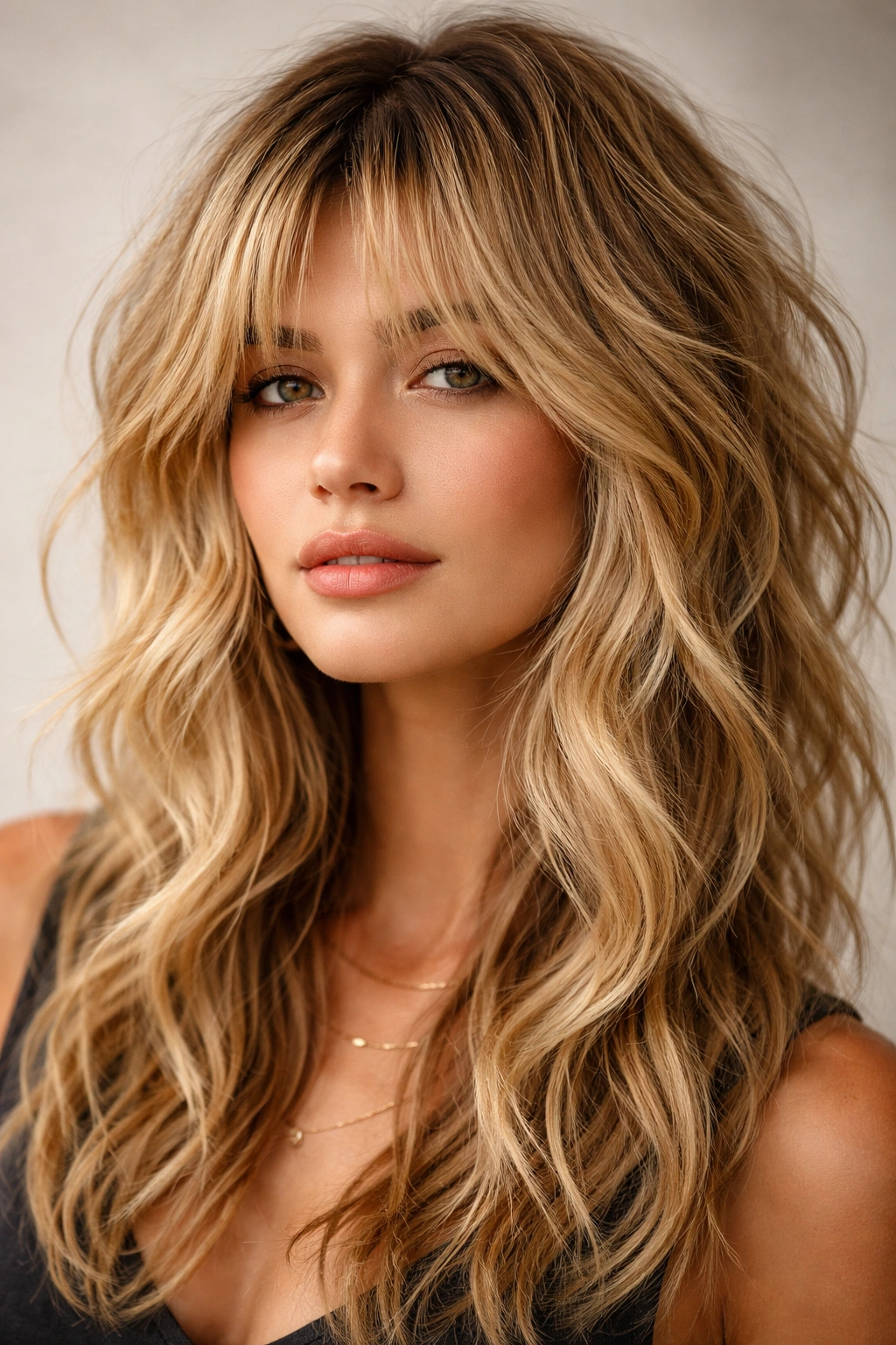 Close-up of textured shag with choppy curtain bangs and blonde highlights in a studio setting
