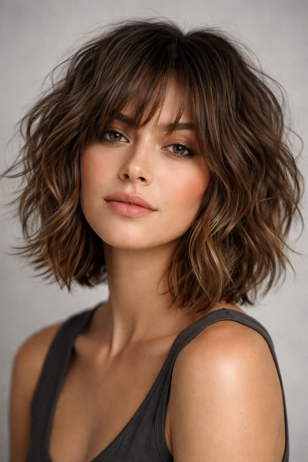 Close-up of textured shag bob with thick waves and choppy layers