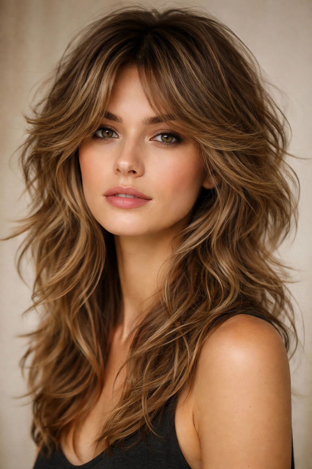 Close-up of The Textured Shag Butterfly hairstyle showing choppy crown layers and longer underlayers on wavy hair