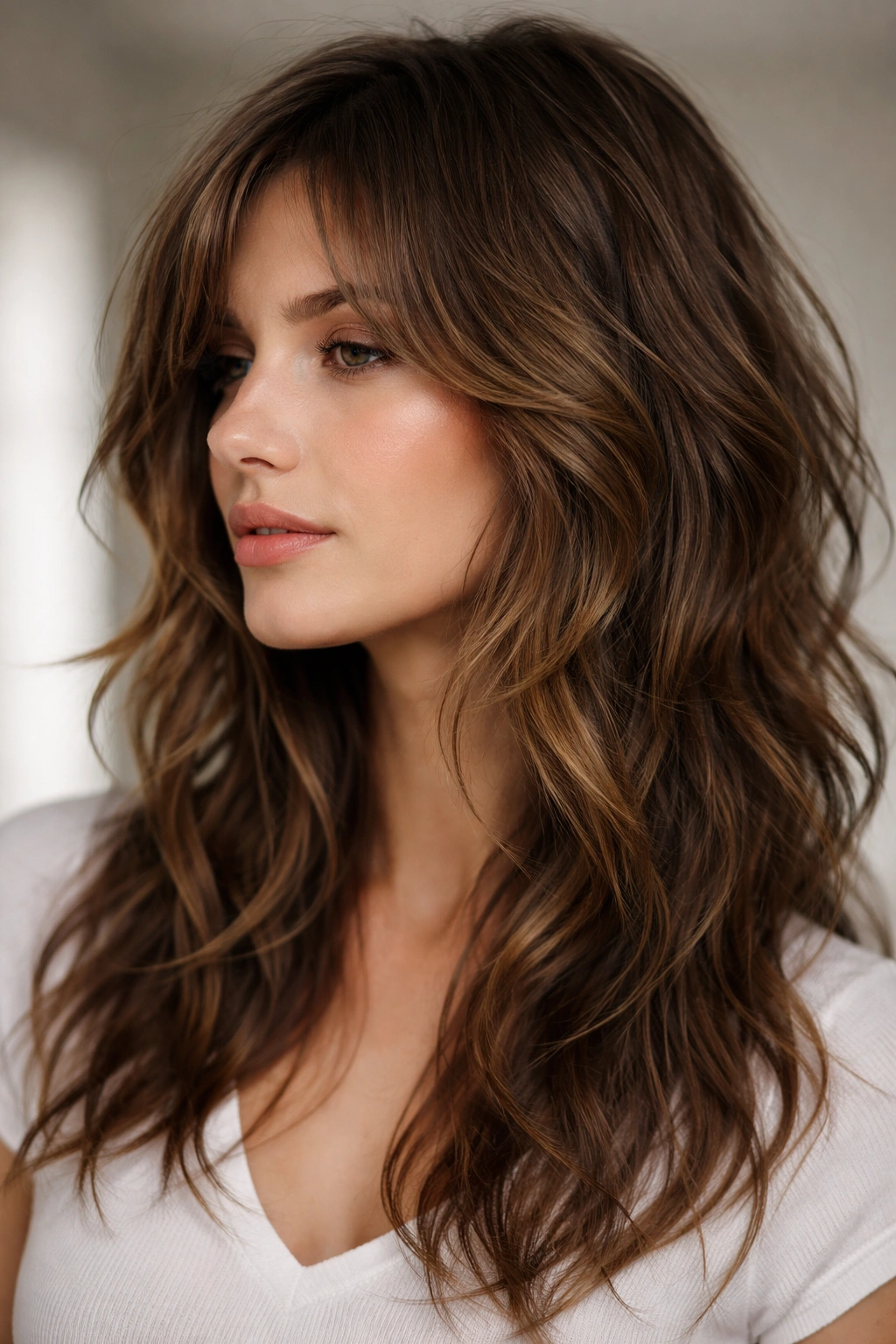 Hair framing the face with short cheekbone-length layers in a textured shag