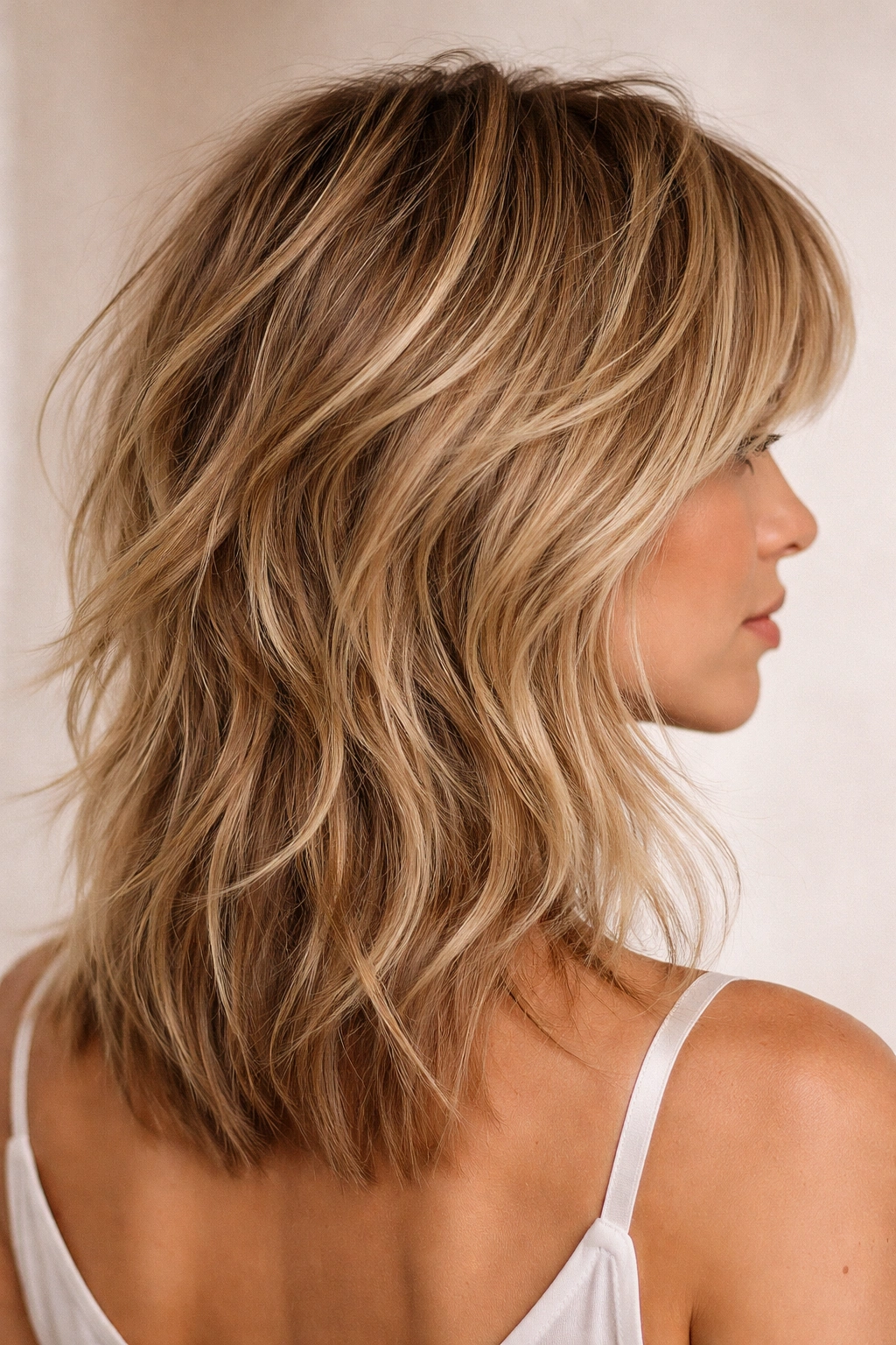Textured shag lob with visible layers and crown texture creating movement.