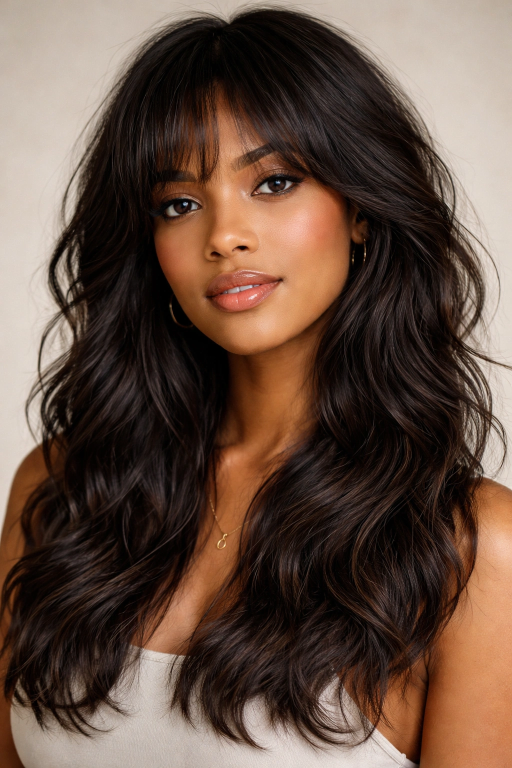 Close-up of a person with textured shag showing shoulder-length feathered layers and voluminous crown in wavy hair