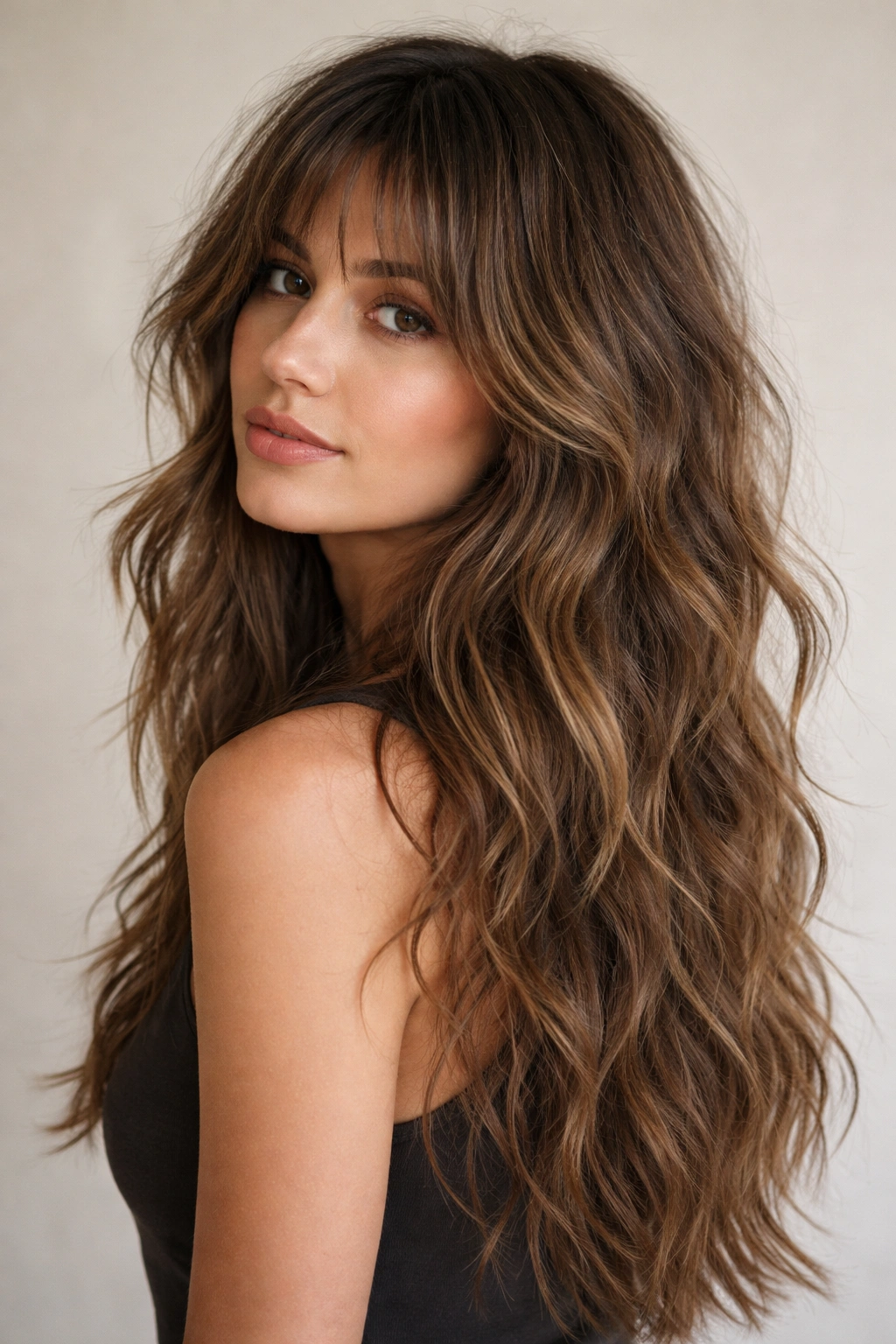 Long textured shag hairstyle with mid-back length waves