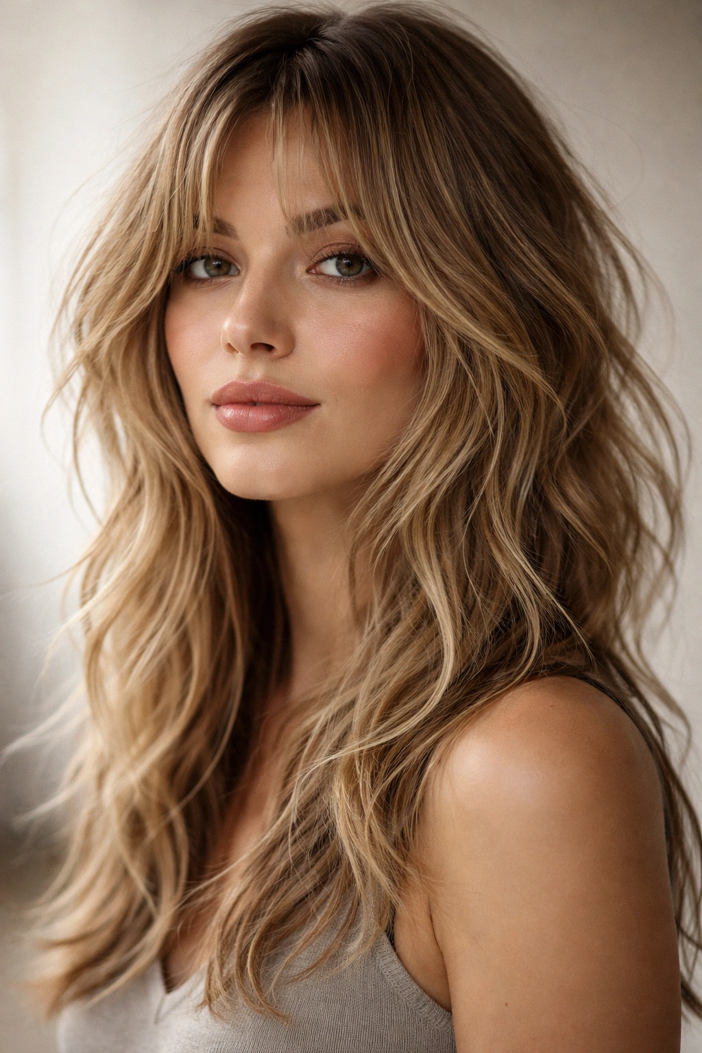 Textured shag with wispy curtain bangs on fine hair