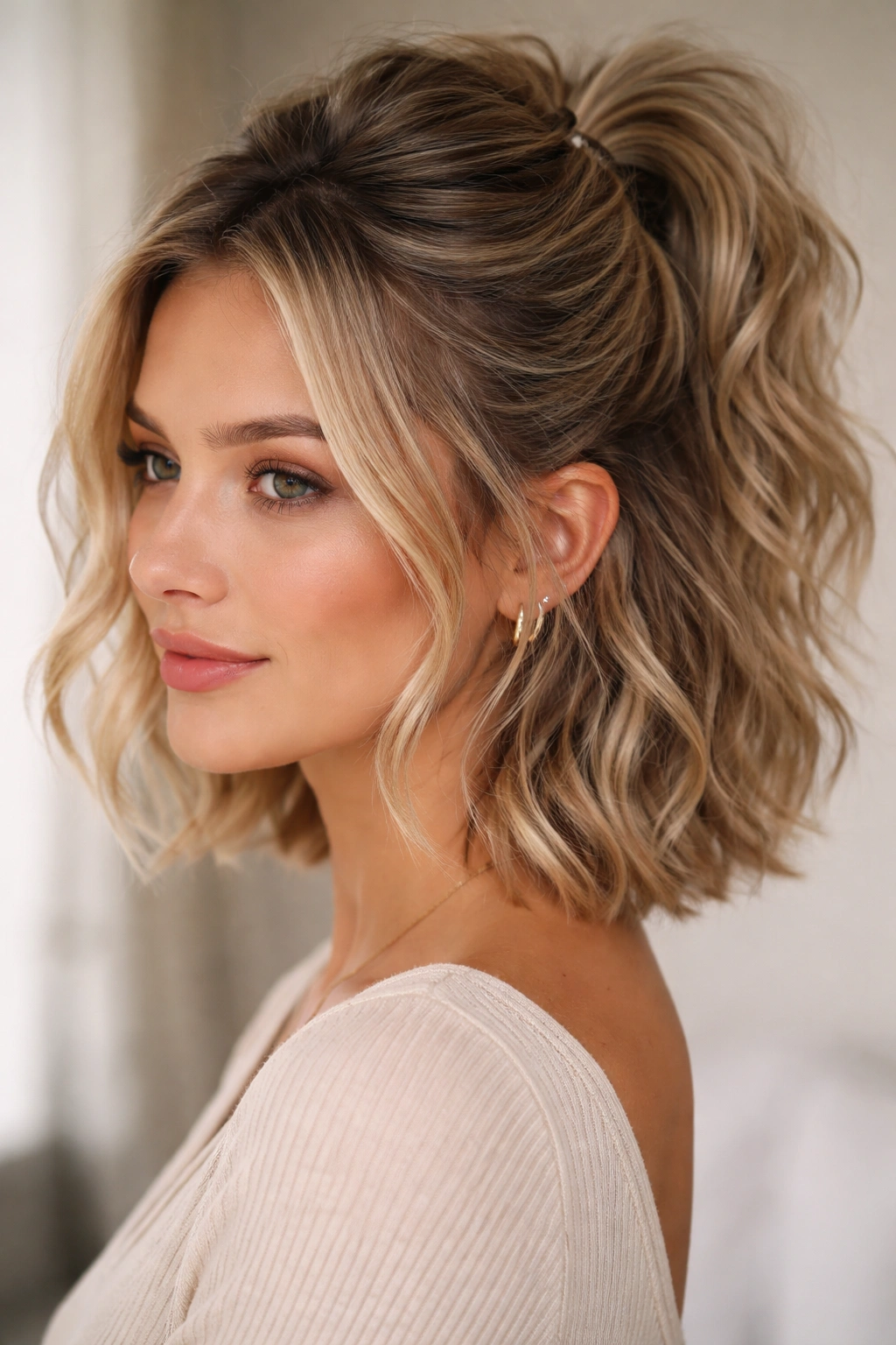 Close-up of textured half-up look on short hair with natural waves