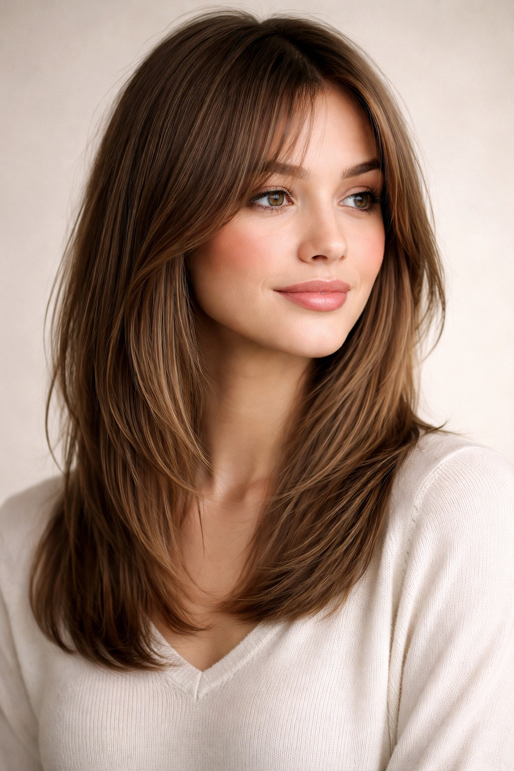 Close-up of shoulder-length straight hair with textured, tapered ends and face-framing layers