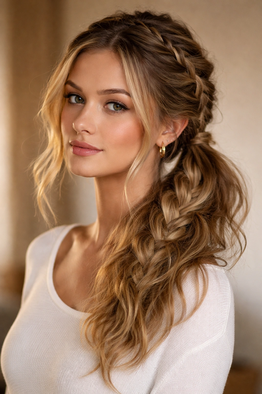 Side view of Textured Double Braid Side Pony with two textured braids