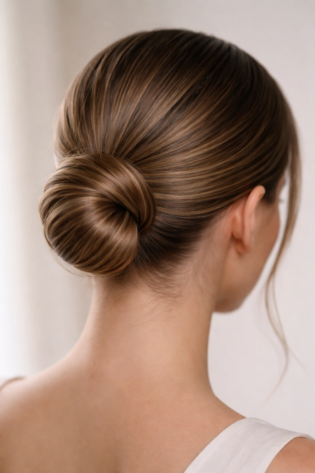 Back view of a sleek bun with subtle interior texture and gentle dimension