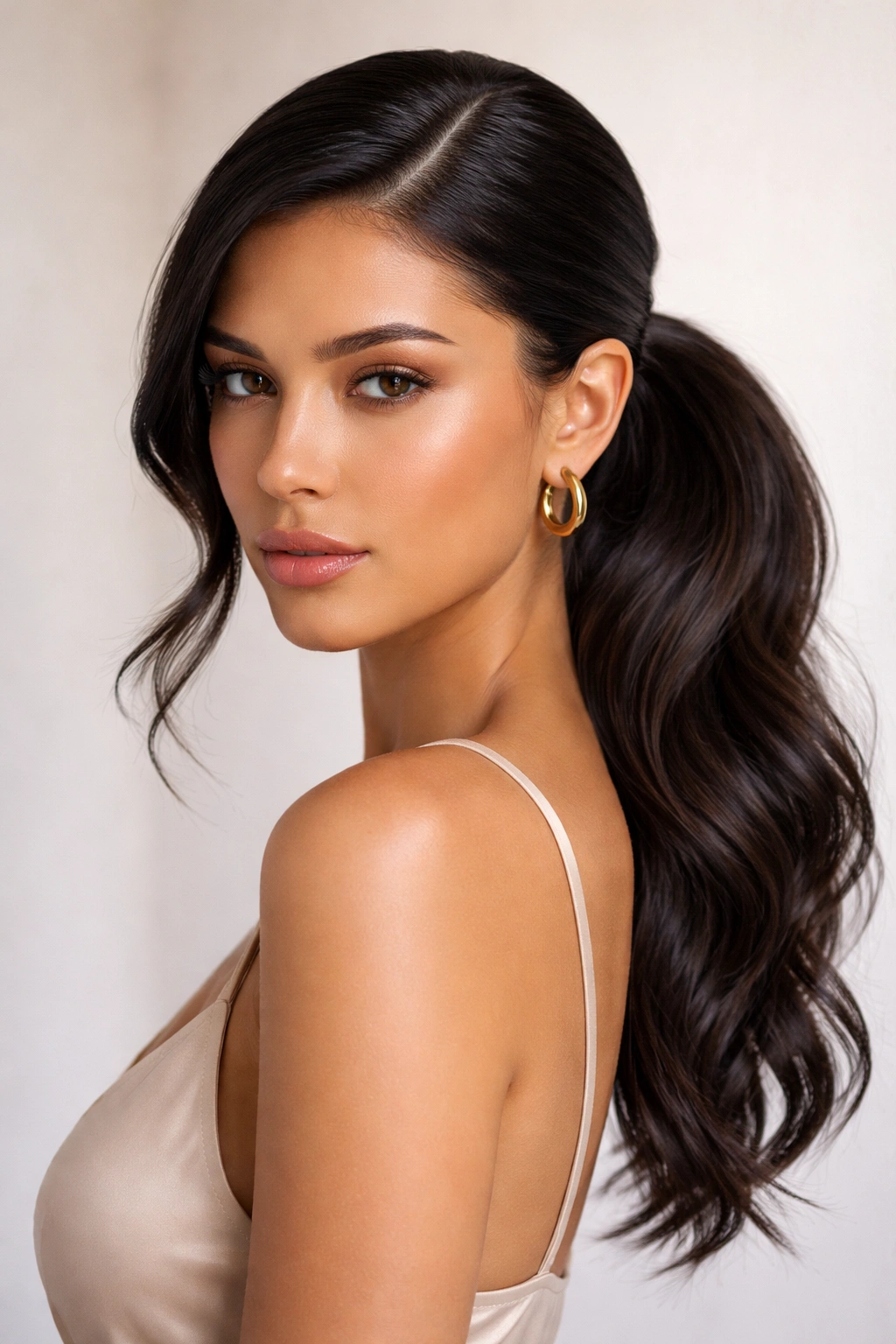 Side ponytail with sleek roots and textured wavy tail
