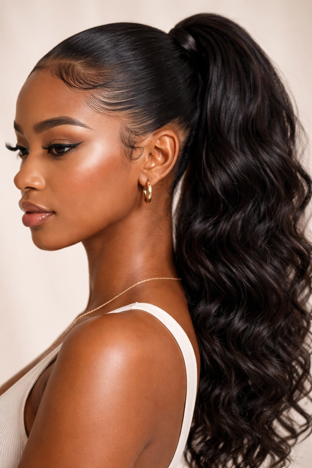 Close-up of a Textured Sleek Ponytail with glossy edge and textured ponytail body